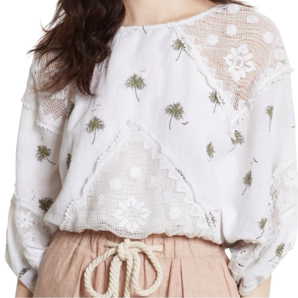 Free People White Carolina Mindset Lace Embroidered Linen Cotton Blouse S #56